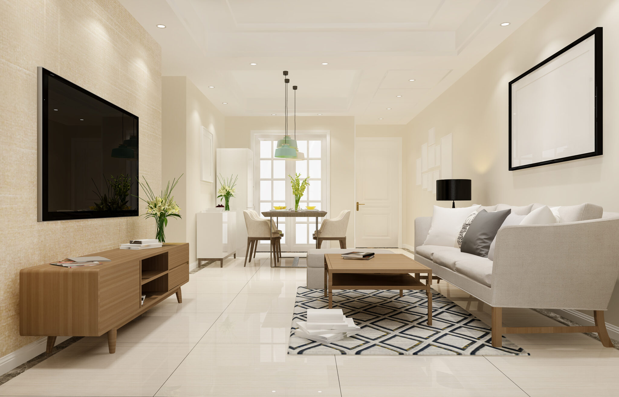 A living room with white tile floors and walls.