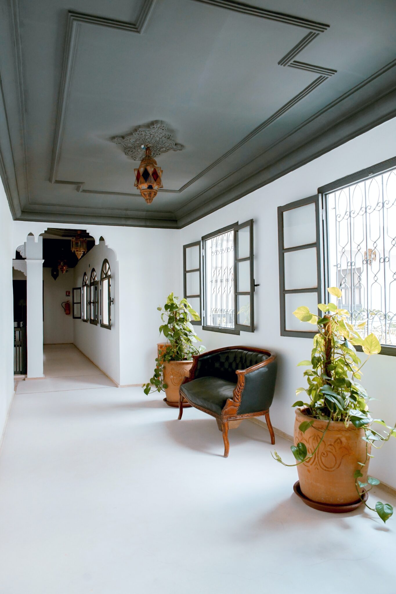 A hallway with two large windows and potted plants.